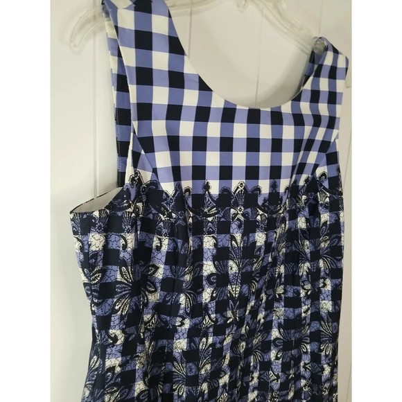 Tahari Arthur Levine Dress Womens Size 14 Petite Blue White Floral Checkered - Picture 3 of 9